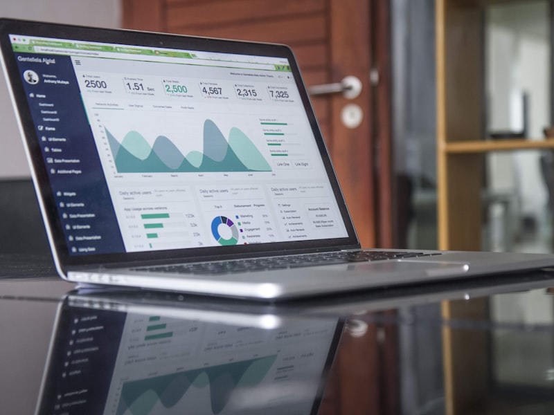 Analytics interface showing performance and usage data on a laptop